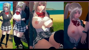 A cheerful and optimistic AI girl enjoys an erotic video featuring a busty blonde with etchings in a realistic 3D hentai game